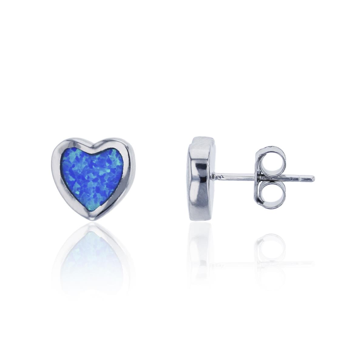 Sterling Silver Rhodium Created Blue Opal Heart Stud Earring