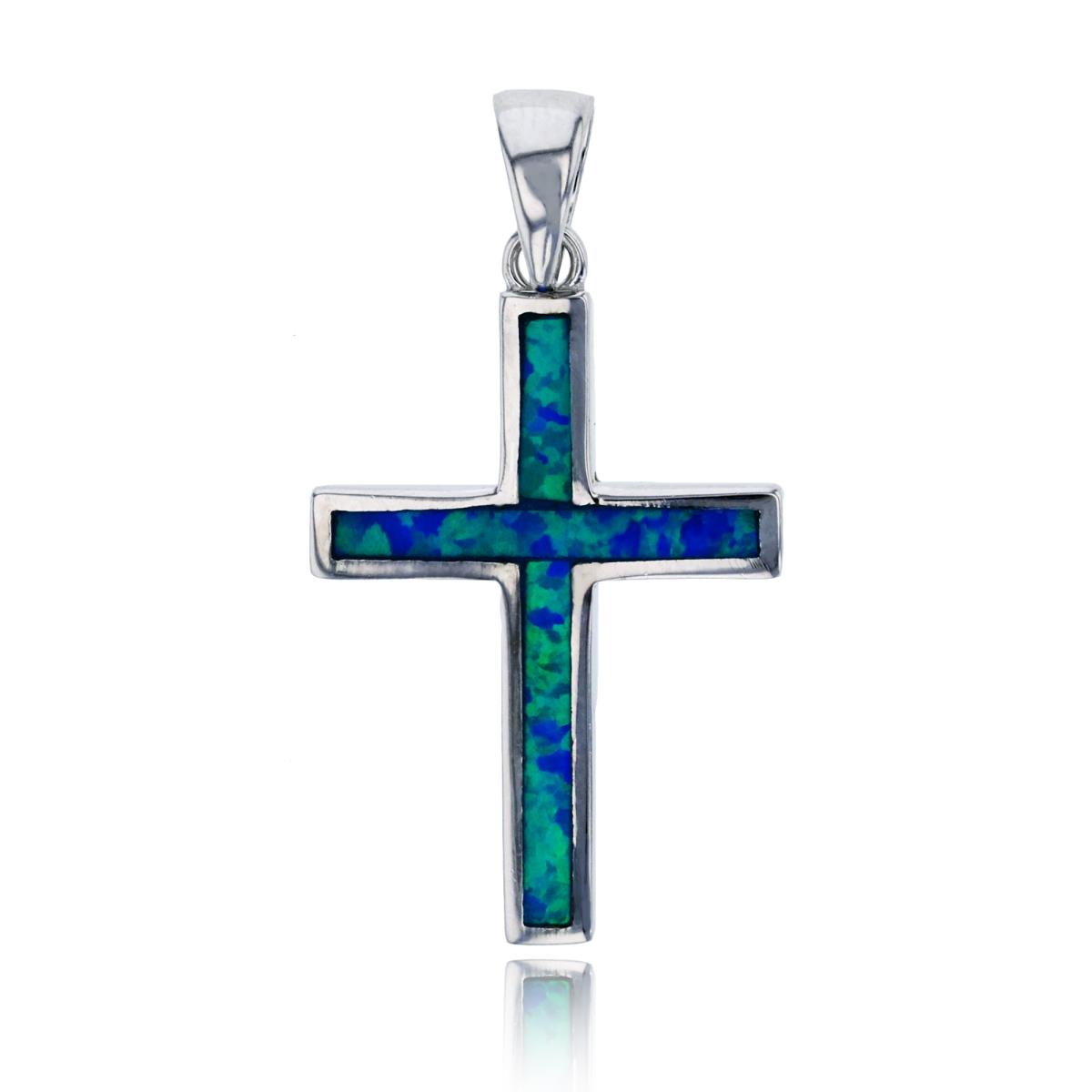 Sterling Silver Rhodium Created Blue Opal Cross Pendant