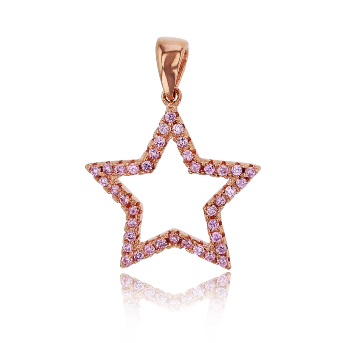 Sterling Silver Rose Micropave Pink Round CZ Open Star Pendant