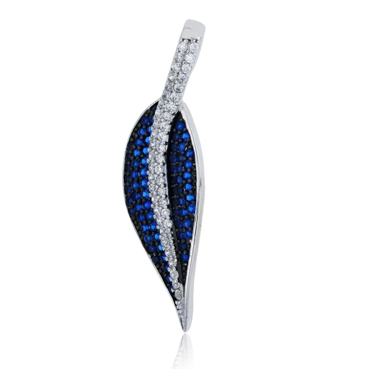 Sterling Silver Black & Rhodium Micropave Blue & White CZ Leaf Pendant