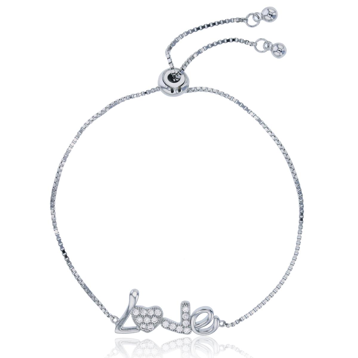 Sterling Silver Rhodium Micropave & Polished "LOVE" Adjustable Bracelet