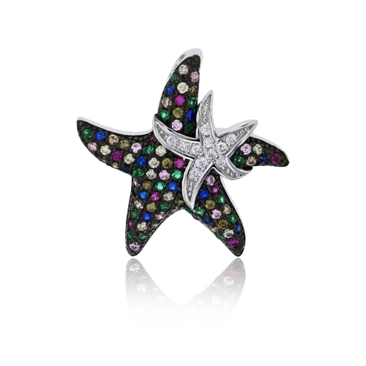 Sterling Silver Black & Rhodium Multi Color Double Starfish Pendant