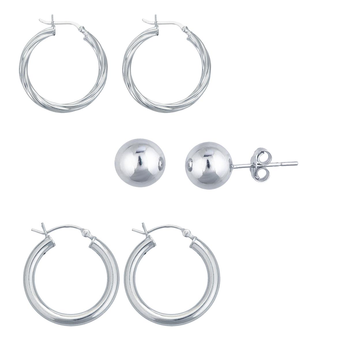 Sterling Silver Rhodium 3X25MM;3X25MM;6MM Earring Sets Set