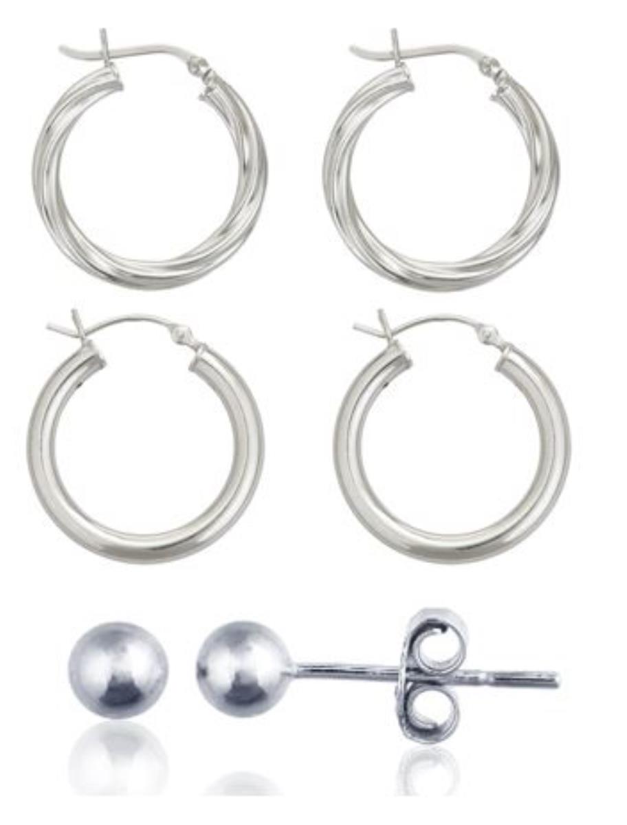Sterling Silver Rhodium 3x25mm Hoops and 6mm Ball Stud Set