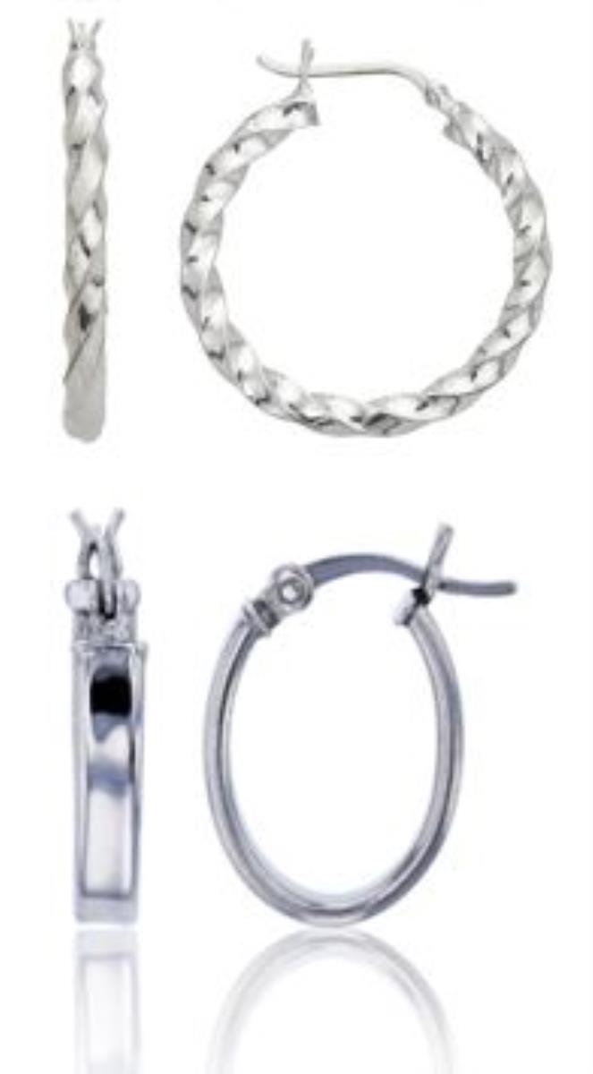 Sterling Silver Rhodium 3mm Twisted Hoop and Oval Hoop Earring Set
