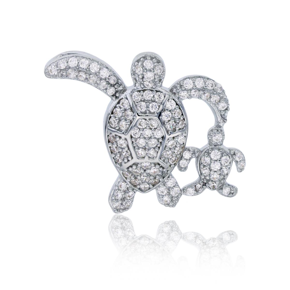 Sterling Silver Rhodium Micropave Mom & Baby Turtle Pendant