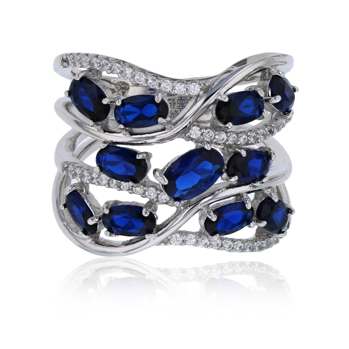 Sterling Silver Rhodium Pave 4-Strand Floating Blue Oval Cut CZ Fashion Ring