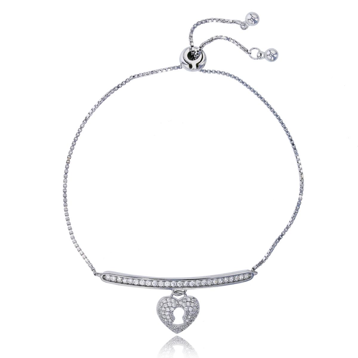 Sterling Silver Rhodium Micropave Bar with Dangling Heart Lock Adjustable Bracelet