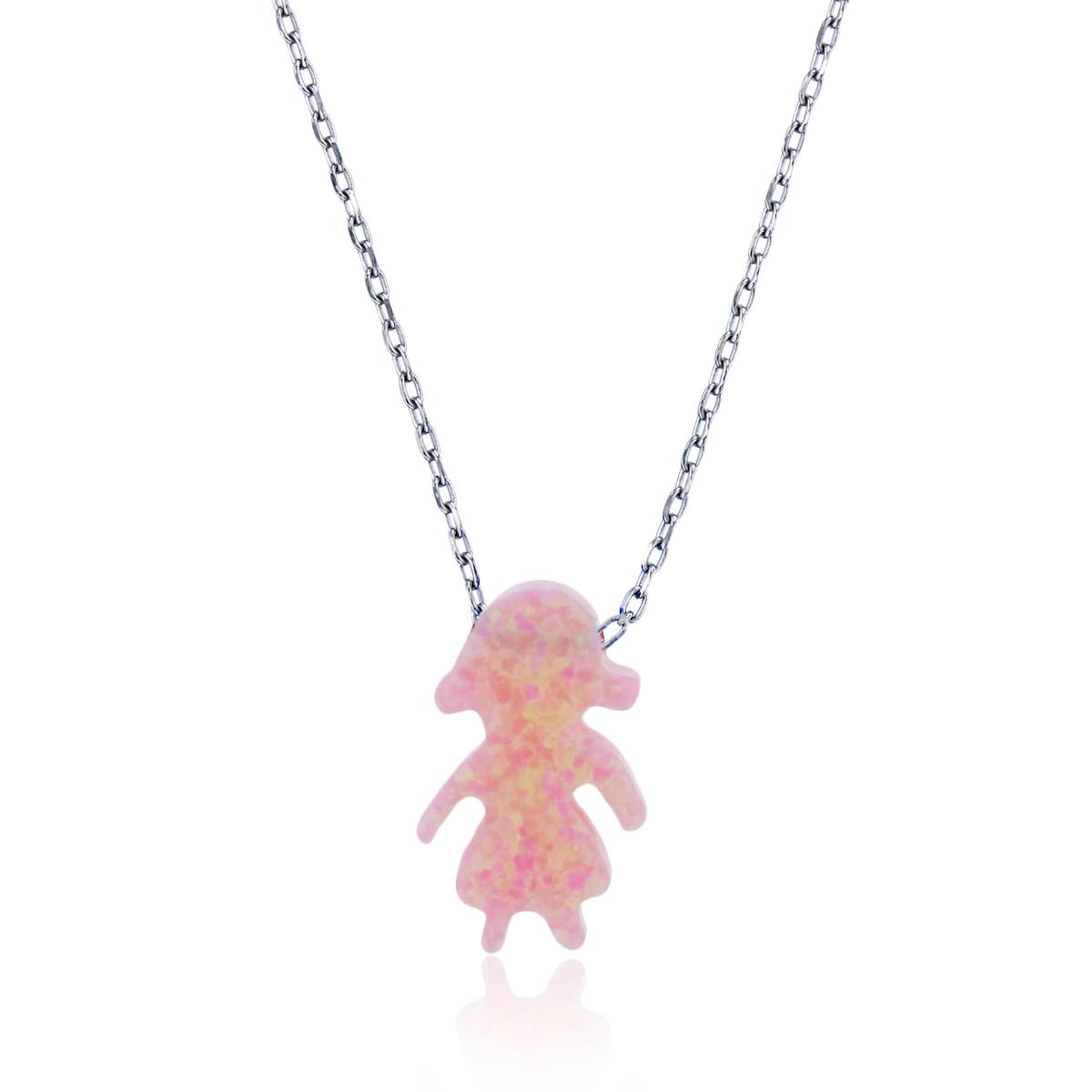 Sterling Silver Rhodium Created Light Pink Opal Little Girl 16+2" Necklace