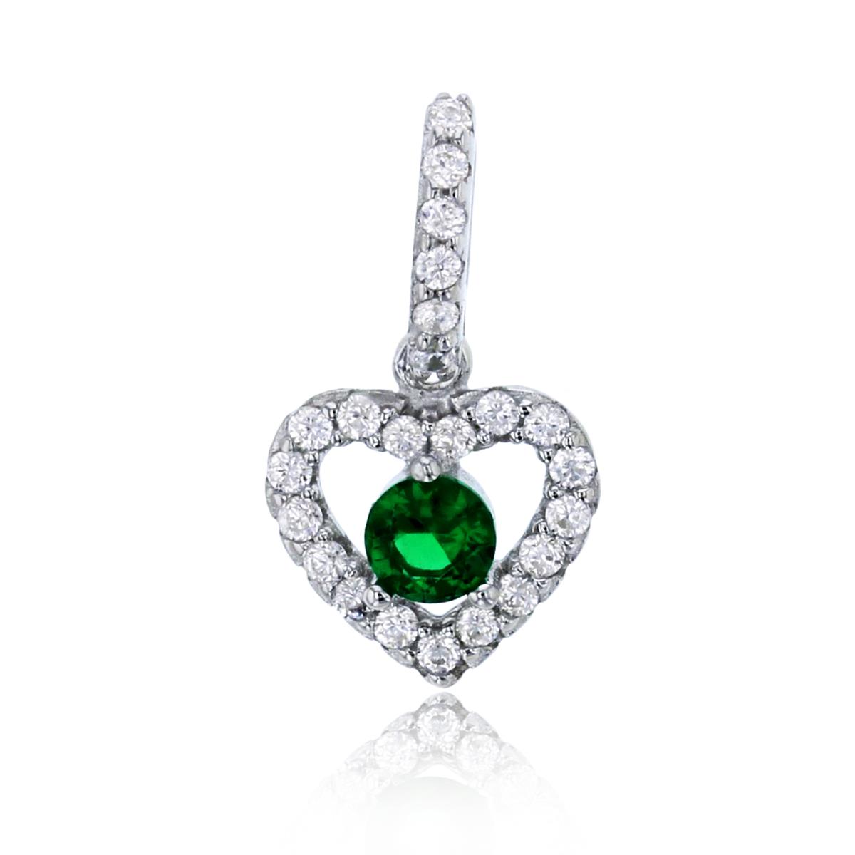 Sterling Silver Rhodium 3.50mm Emerald Rd Cut Center Heart Dangling Pendant