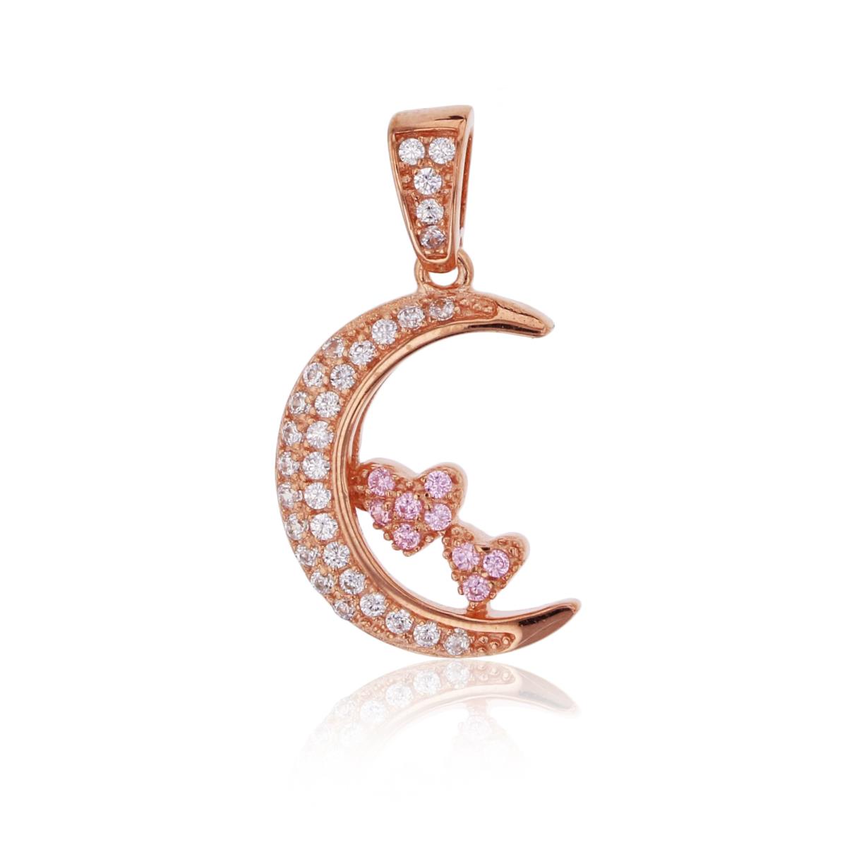 Sterling Silver Rose Micropave Pink & White CZ Moon & Double Heart Pendant
