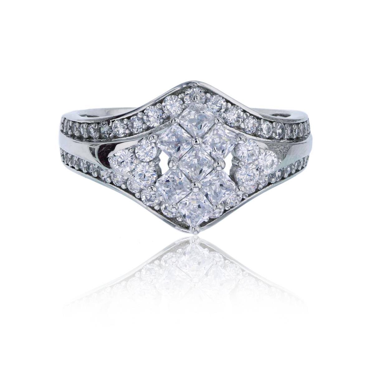 Sterling Silver Rhodium Micropave Rd & Princess Cut CZ Rhombus Engagement Ring