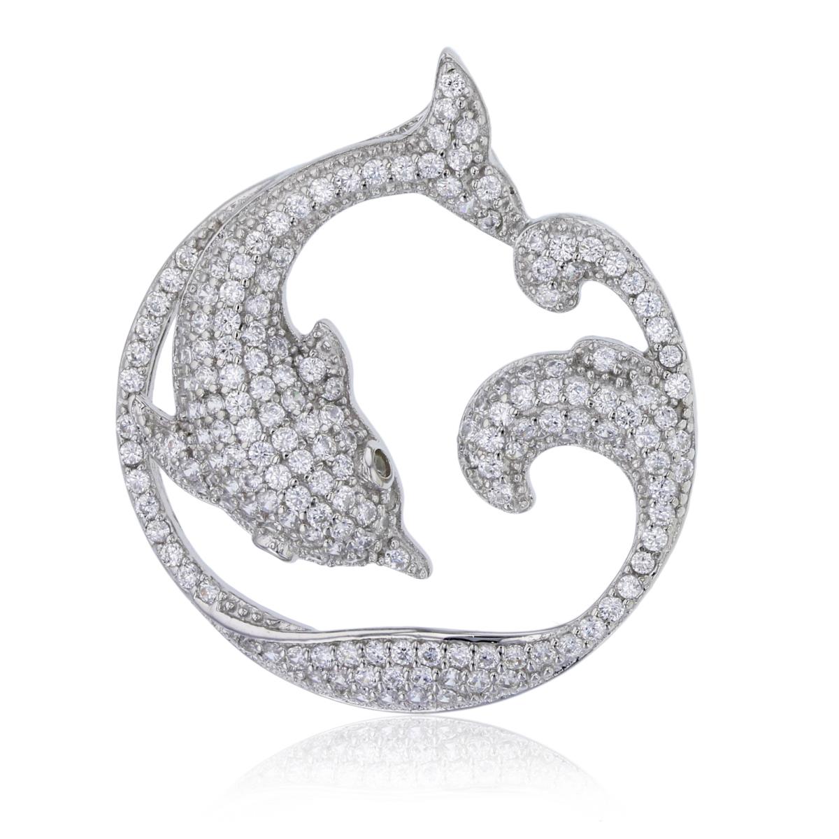 Sterling Silver Rhodium Micropave Dancing Dolphin Pendant