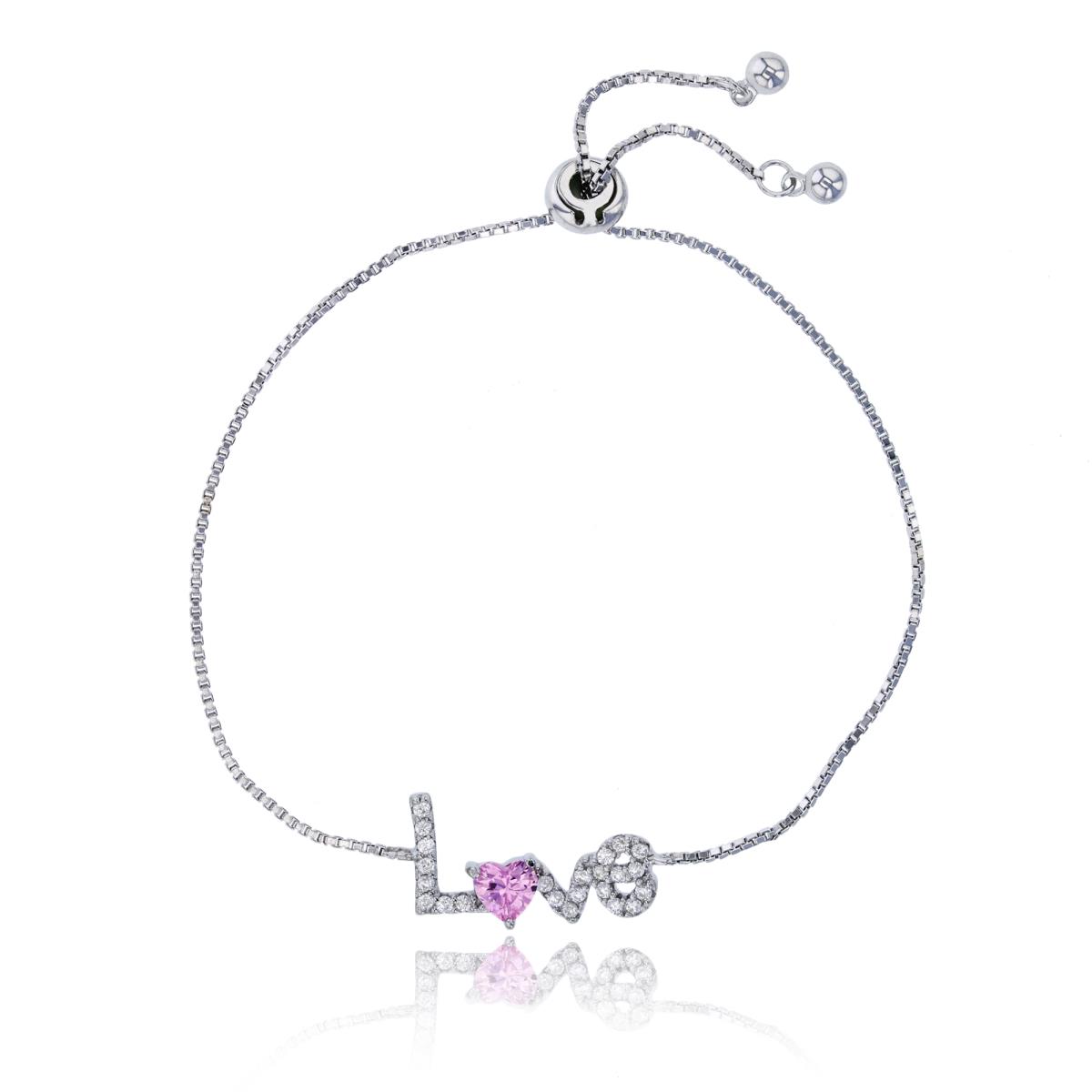 Sterling Silver Rhodium Pink Heart Cut & White CZ "Love" Adjustable Bracelet