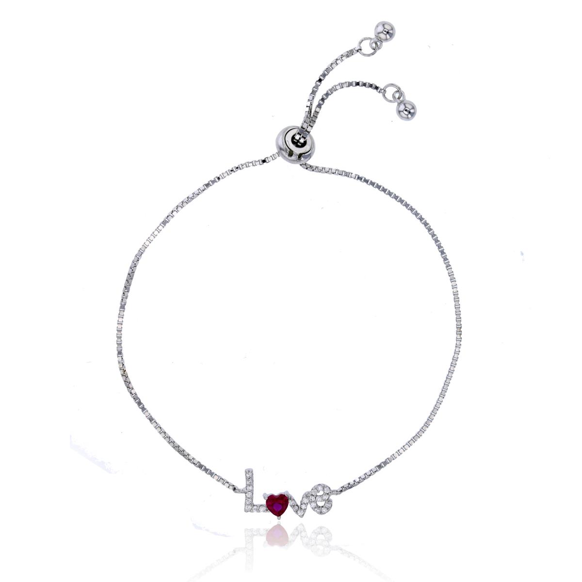 Sterling Silver Rhodium Ruby Heart Cut & White CZ "Love" Adjustable Bracelet