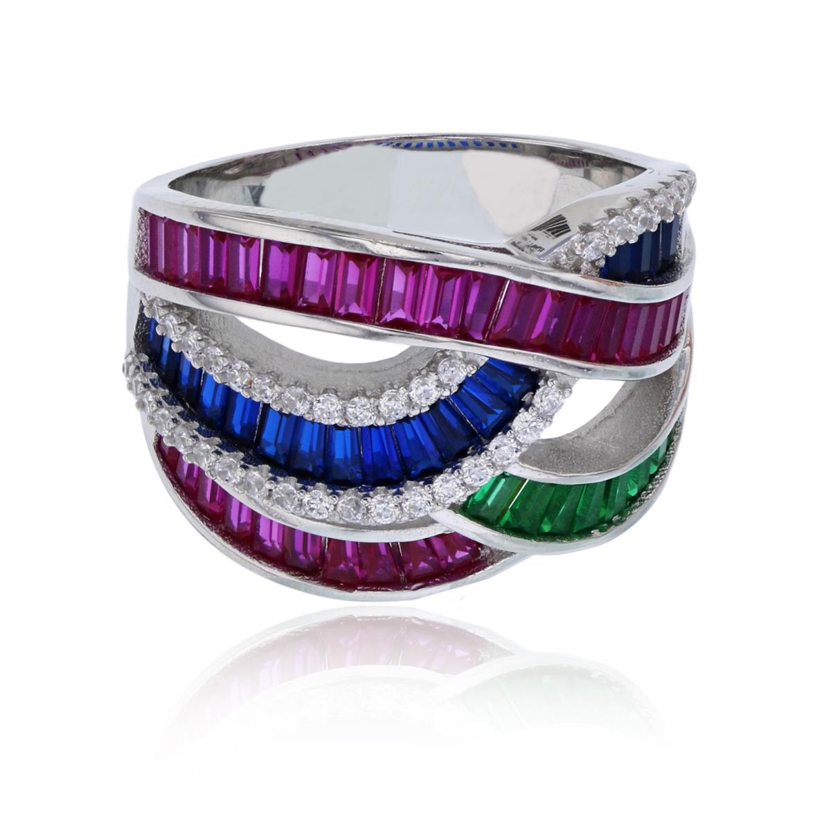 Sterling Silver Rhodium Red, Green & Blue Baguette Highway Fashion Ring