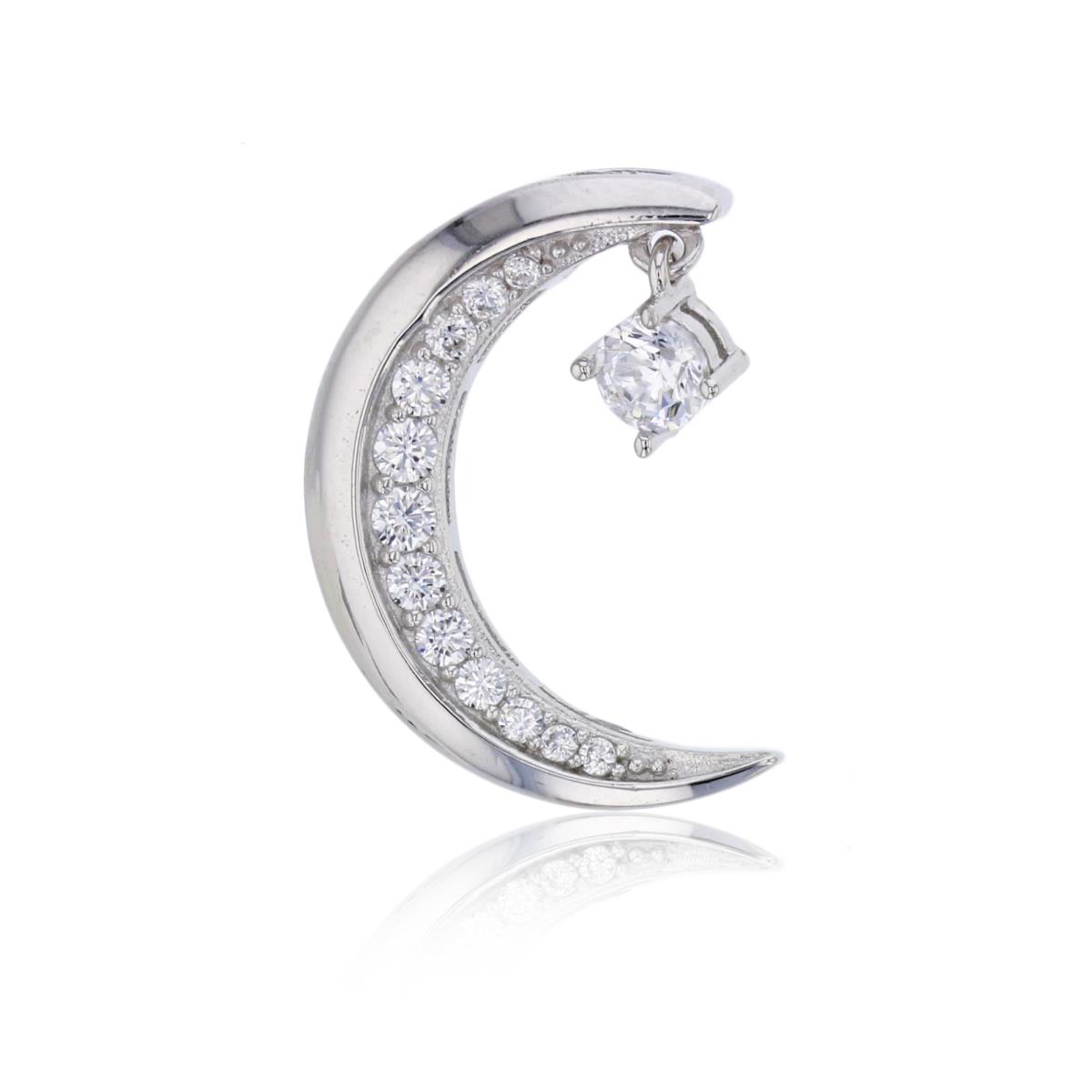 Sterling Silver Rhodium Micropave Moon Dangling Pendant