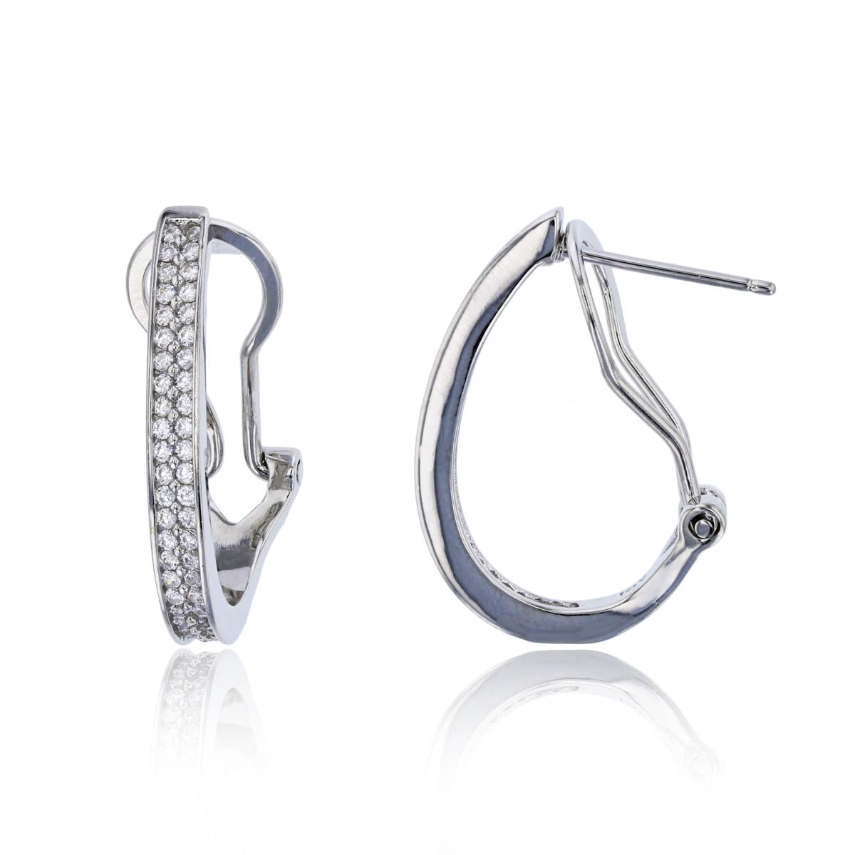 Sterling Silver Rhodium Micropave 2-Row Omega-Back Hoop Earring