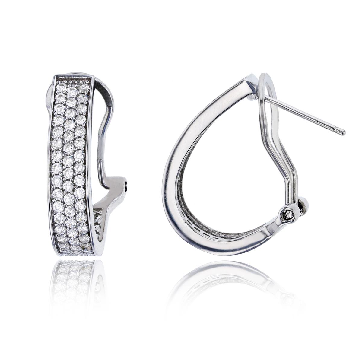 Sterling Silver Rhodium Micropave 3-Row Omega-Back Hoop Earring