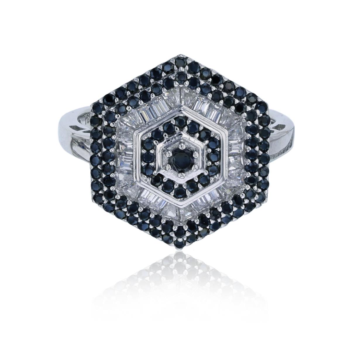 Sterling Silver Rhodium Micropave Black Rd Cut & White Baguette Hexagon Fashion Ring