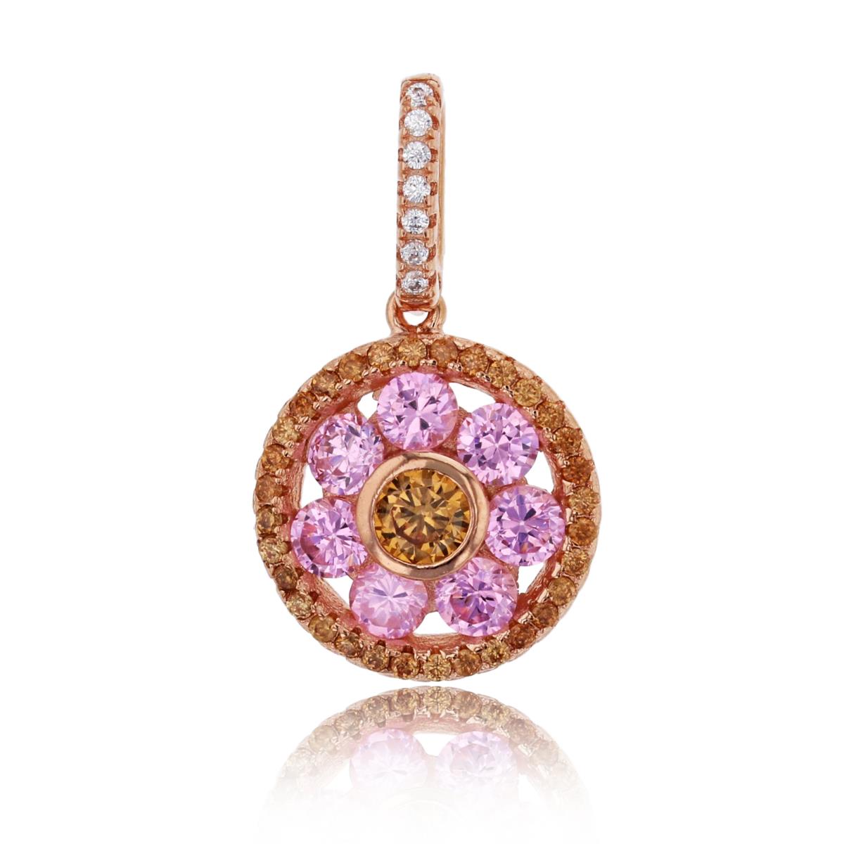 Sterling Silver Rose Pave Multi Color Circle Flower Pendant