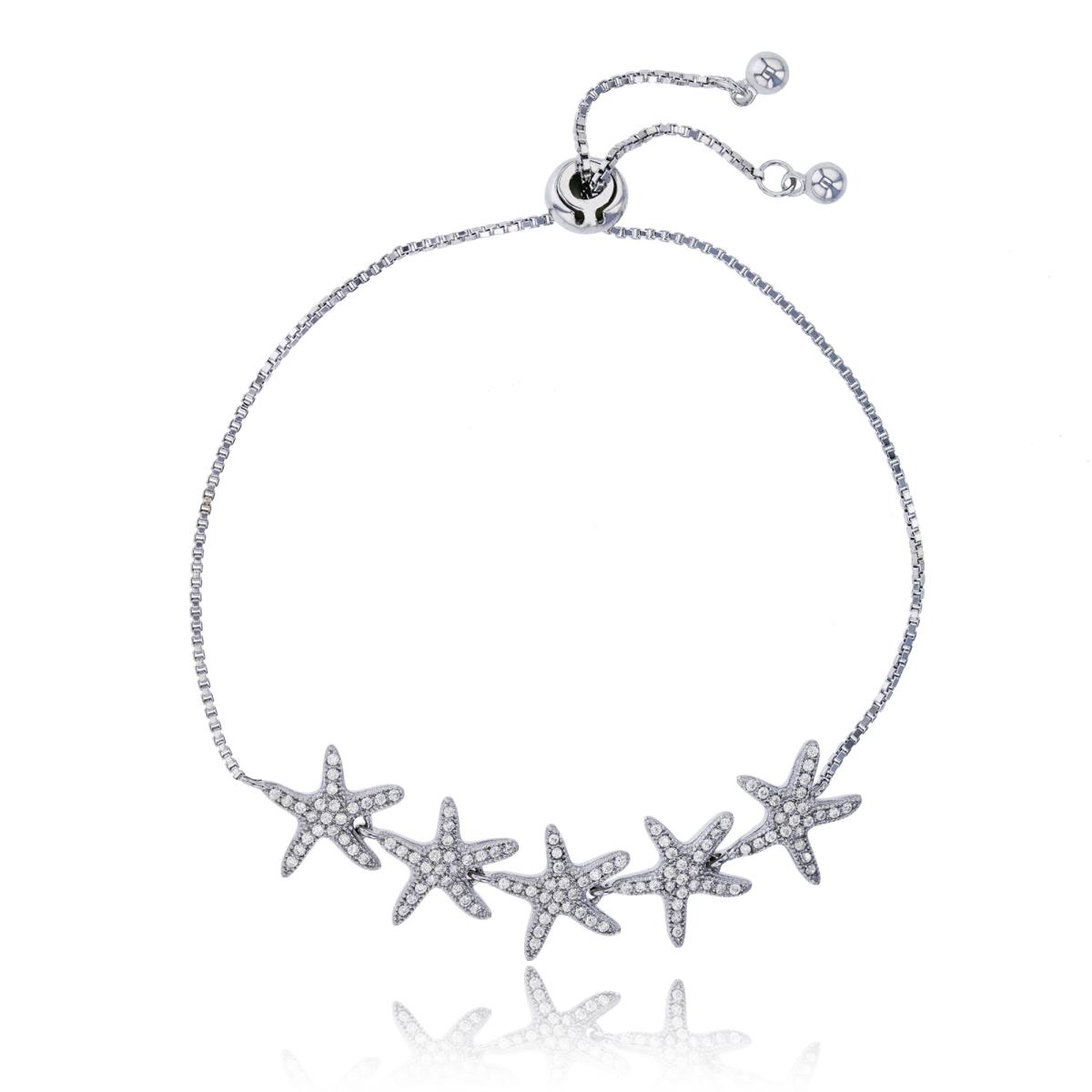 Sterling Silver Rhodium Micropave Starfish Adjustable Bracelet