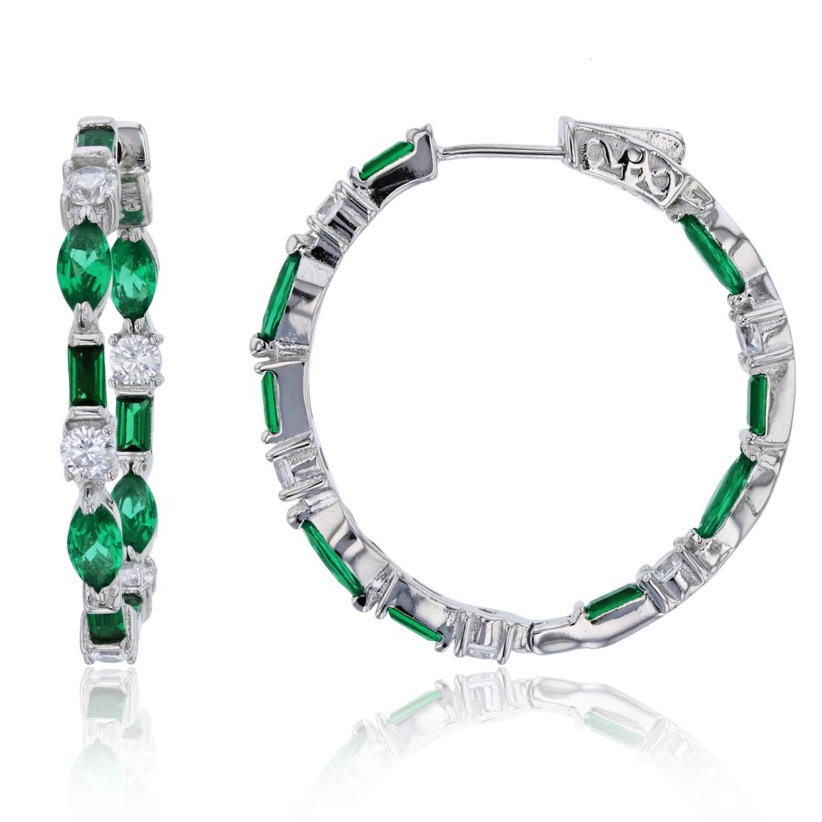 Sterling Silver Rhodium Multi-Cut Green Emerald & White Fancy Hoop Earring