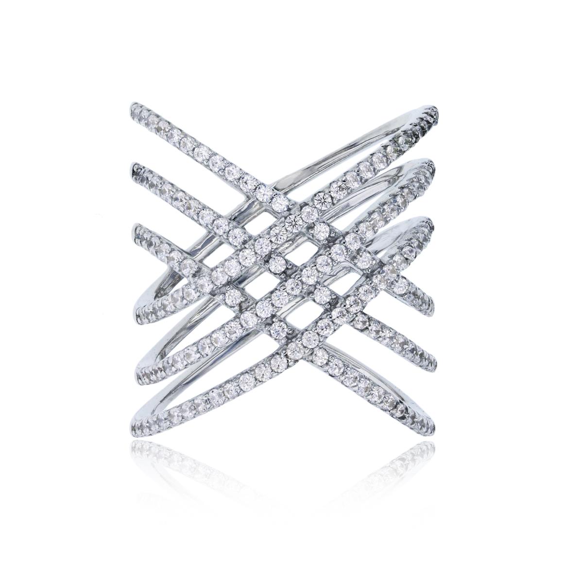 Sterling Silver Rhodium Micropave 6 Interlocking Strands Fashion Ring