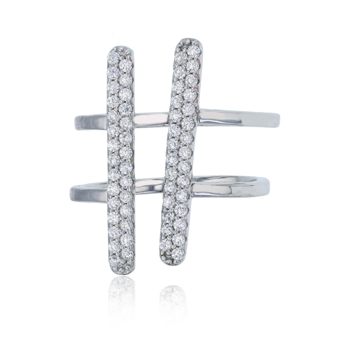 Sterling Silver Rhodium Micropave 2-Row Double Bars Open Shank Fashion Ring