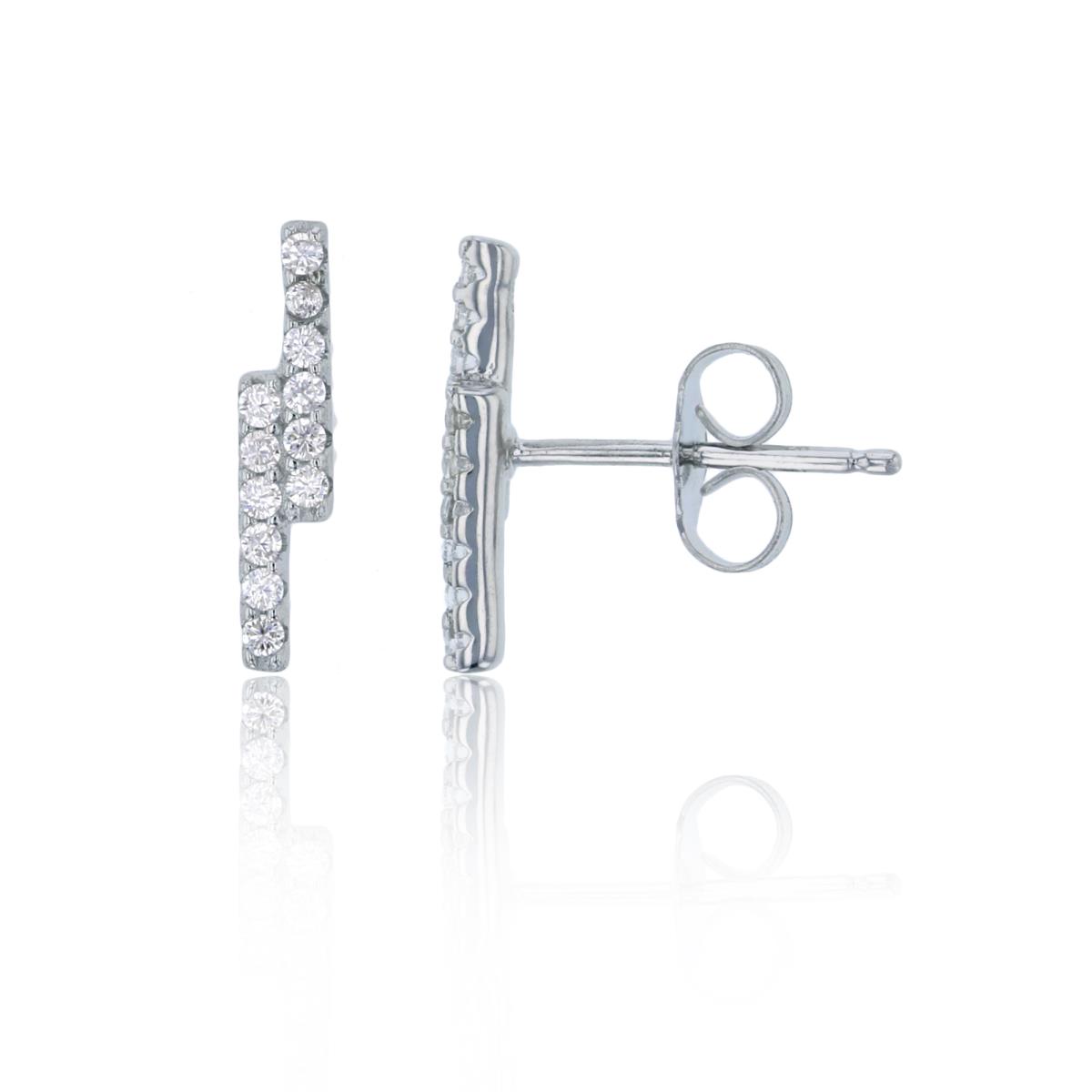 Sterling Silver Rhodium Micropave 2-Row 13x3mm Stud Earring