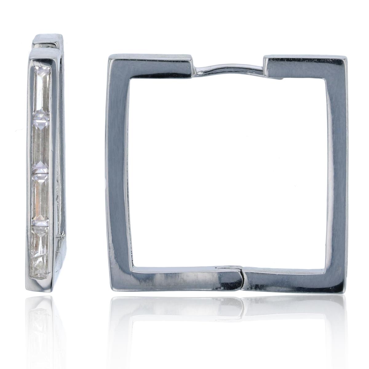 Sterling Silver Rhodium 25x3mm One-Row Baguette CZ Squared Hoop Earring