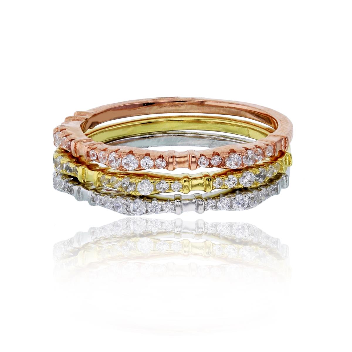Sterling Silver Tricolor Micropave Thin Stack Rings