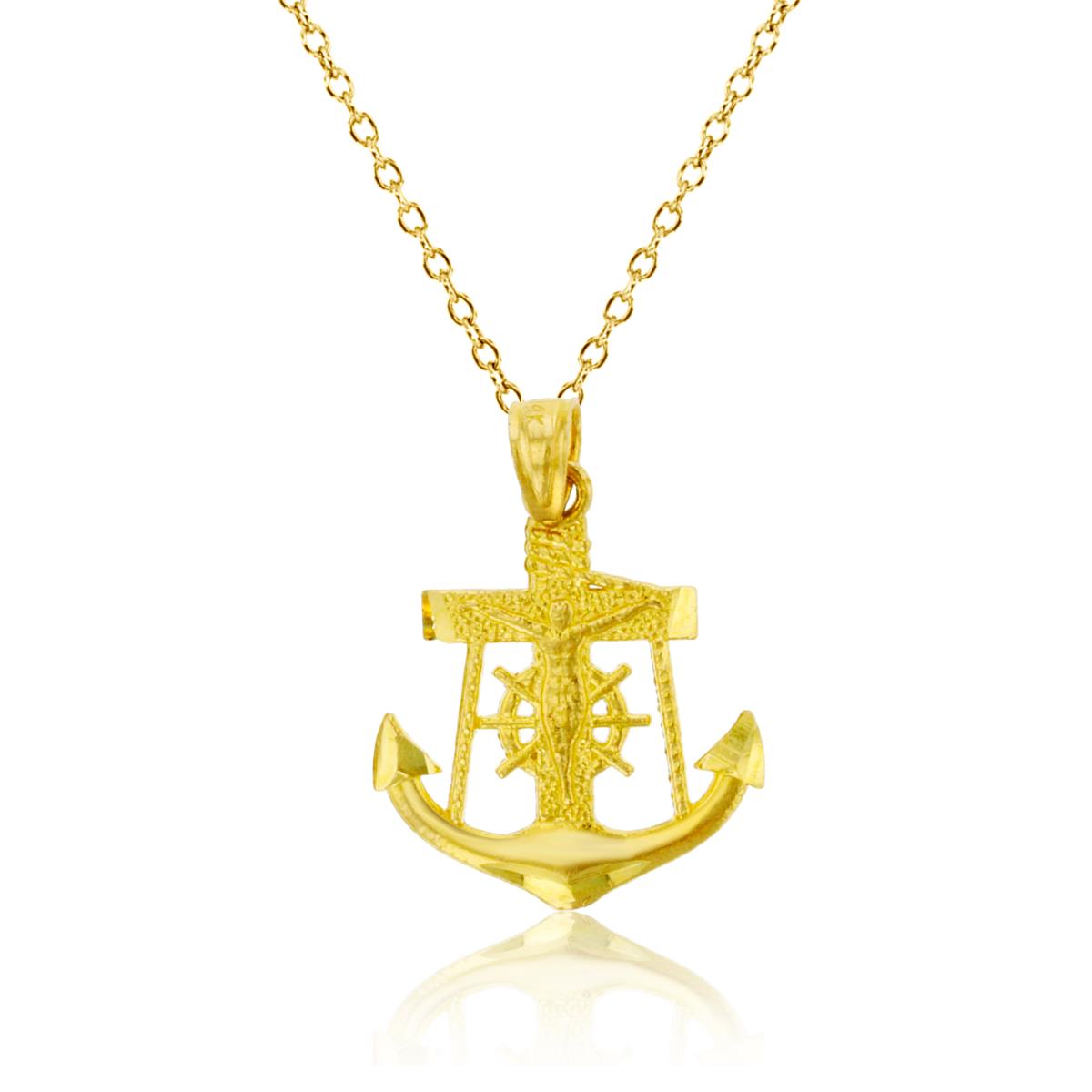 14K Yellow Gold Religious Nautical Cross Wheel & Anchor 18" Diamond Cut Cable Chain