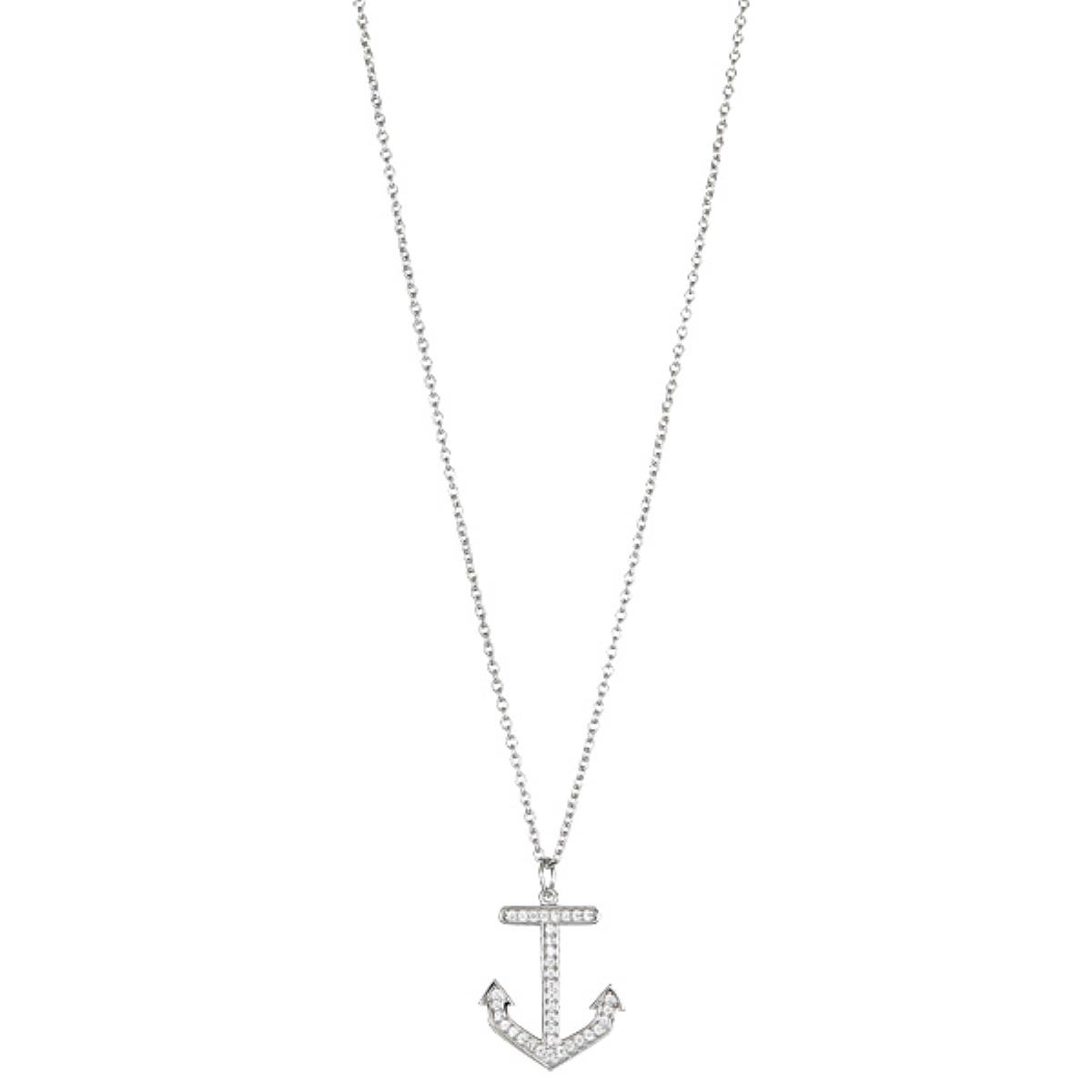 Sterling Silver Rhodium CZ Anchor 18" DC Cable Chain Necklace