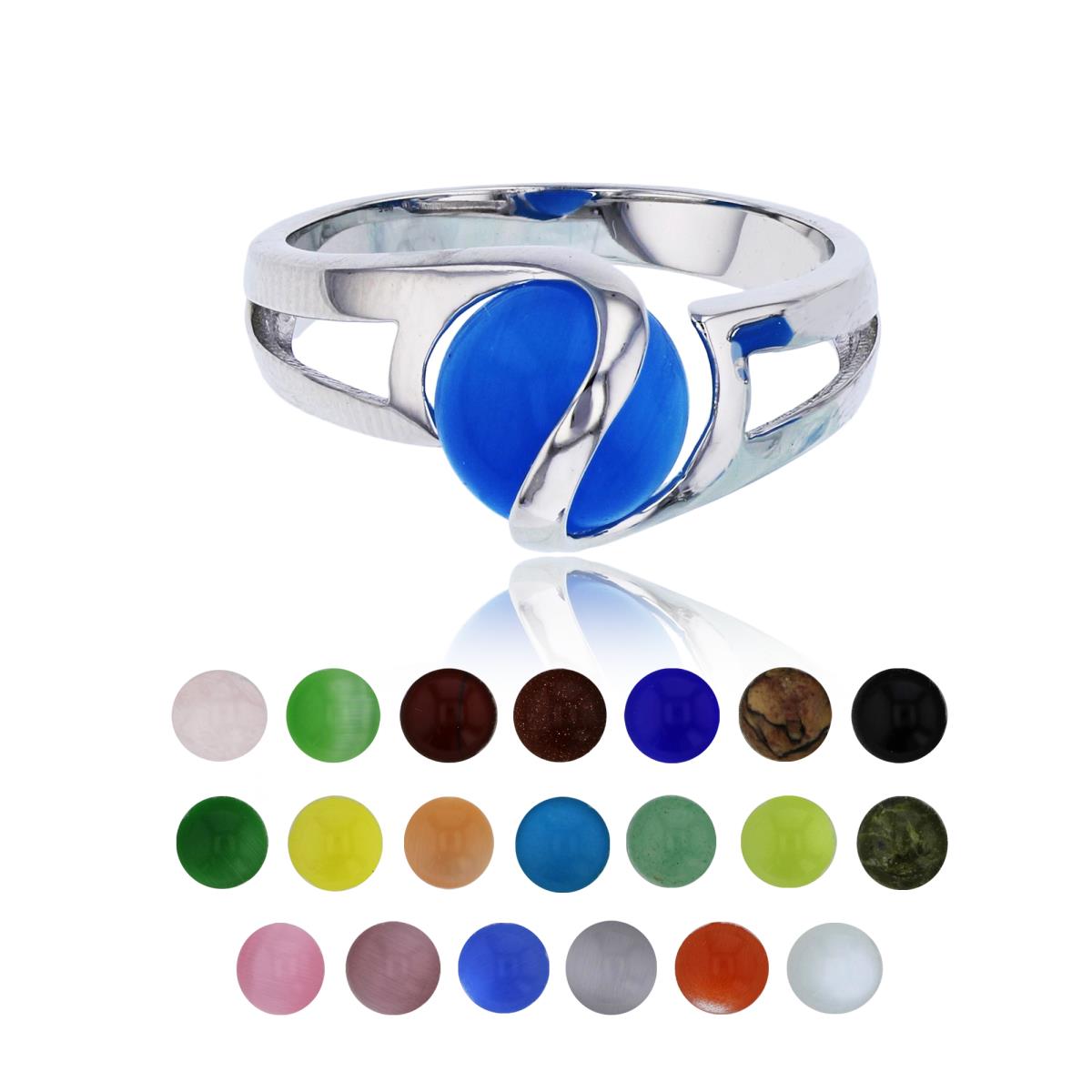 Sterling Silver Rhodium 21 Color Interchangeable Semi-Precious Gem Magic Sphere Fashion Ring