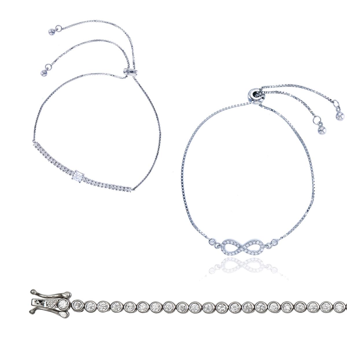 Sterling Silver Rhodium Round CZ Infinity, Princess Cut Solitaire Adjustable & Bezel Set Tennis Bracelet Set