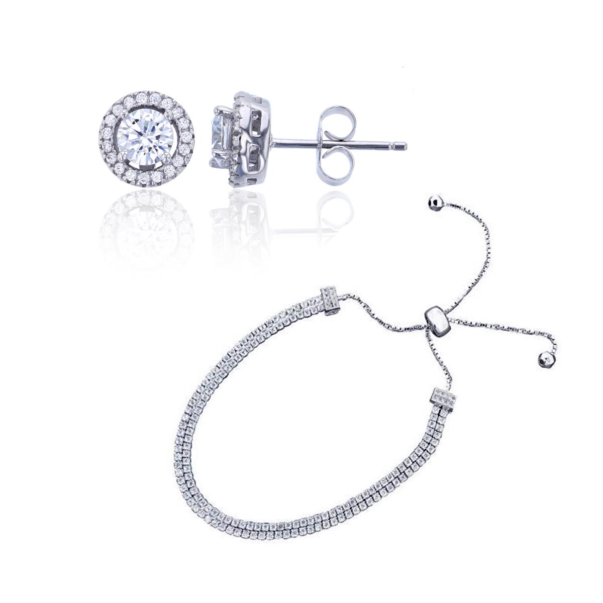 Sterling Silver 2 Row Rhodium Adjustable Tennis Bracelet & 4.75mm Round Cut Halo Stud Earring Set