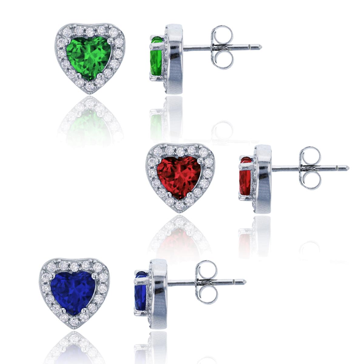 Sterling Silver Rhodium 6mm Heart Cut Ruby, Sapphire, Emerald & Clear Stud Earring Set