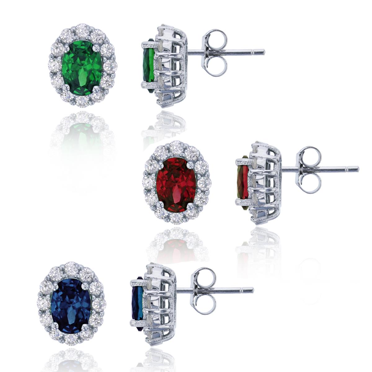 Sterling Silver Rhodium 7x5mm Oval Cut Ruby, Sapphire, Emerald & Clear Stud Earring Set