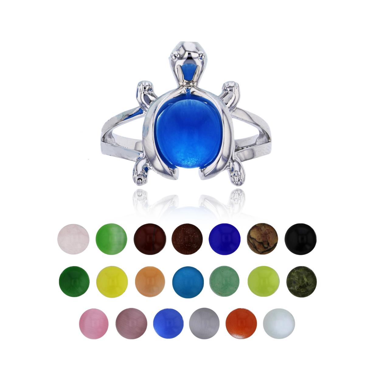 Sterling Silver Rhodium 21 Color Interchangeable Semi-Precious Gem Polished Tortoise Fashion Ring