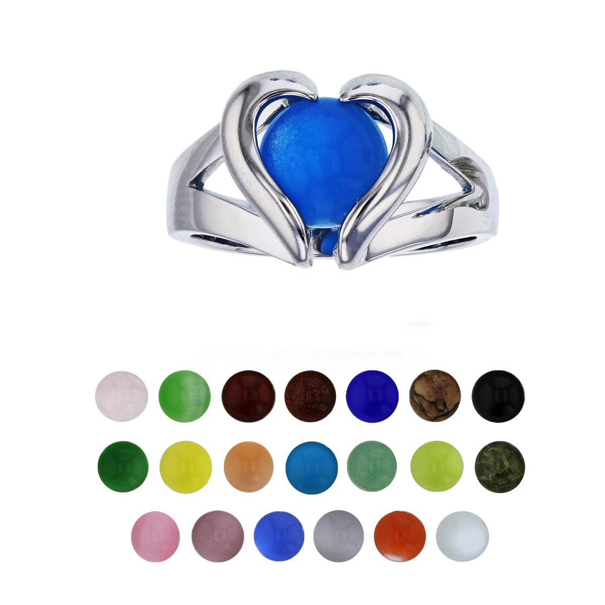 Sterling Silver Rhodium 21 Color Interchangeable Semi-Precious Gem Polished Heart Fashion Ring