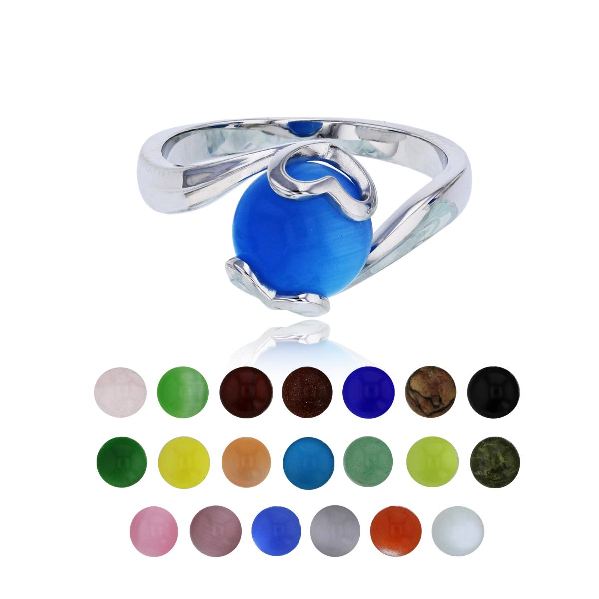 Sterling Silver Rhodium 21 Color Interchangeable Semi-Precious Gem Open Heart Sides Fashion Ring
