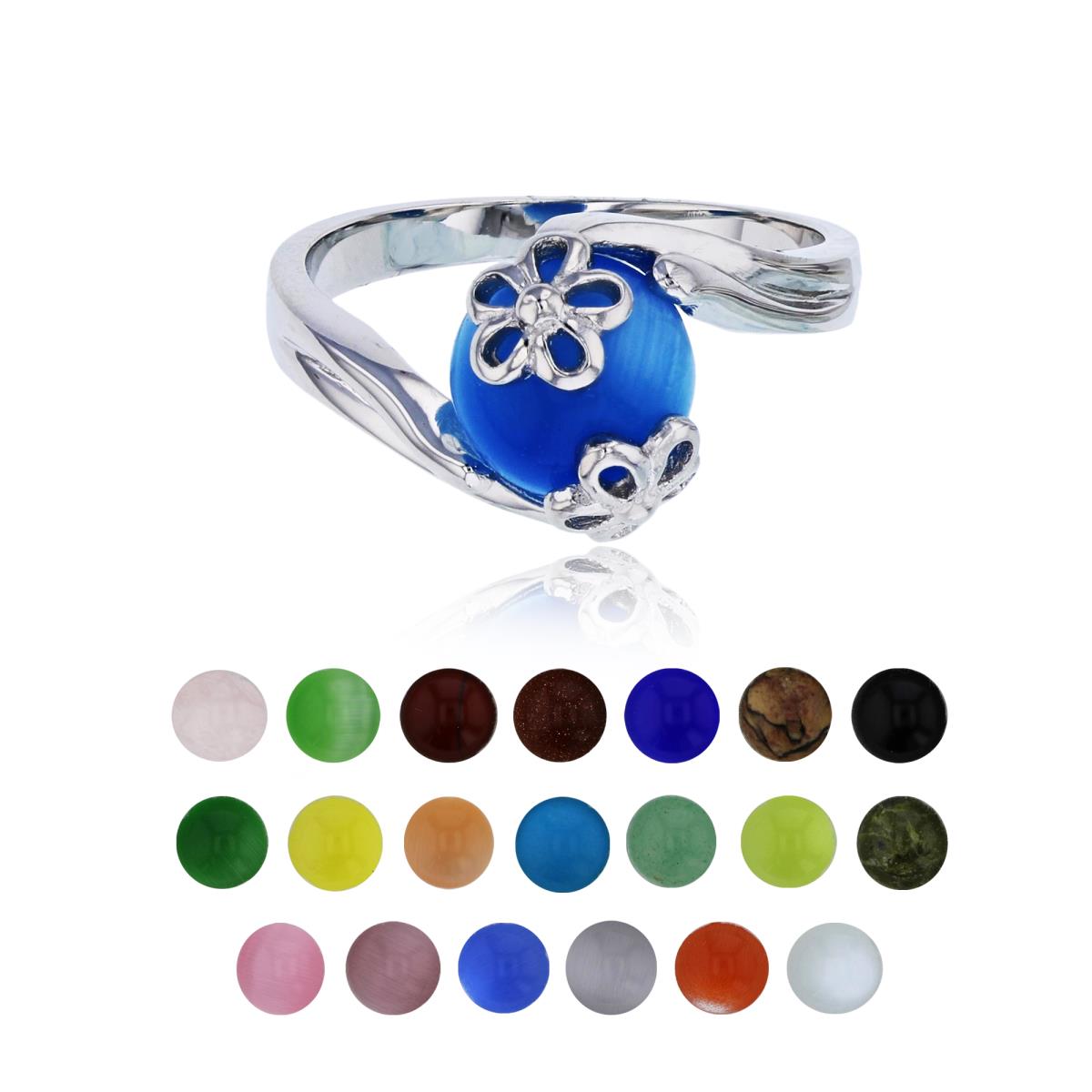 Sterling Silver Rhodium 21 Color Interchangeable Semi-Precious Gem Flower Sides Fashion Ring