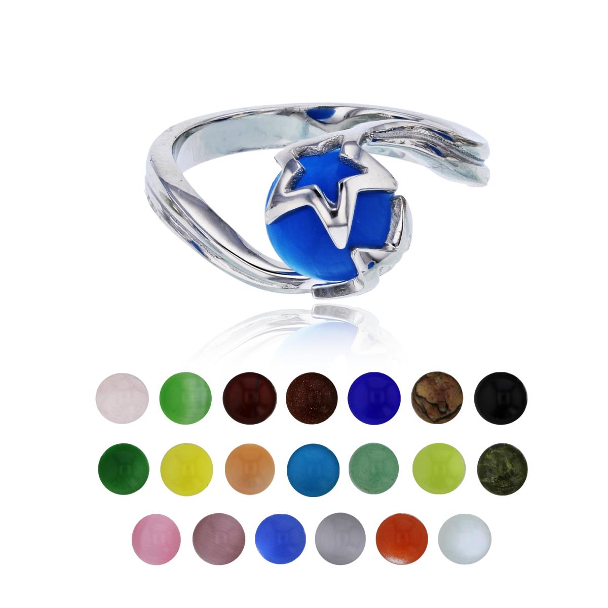 Sterling Silver Rhodium 21 Color Interchangeable Semi-Precious Gem Stars Fashion Ring