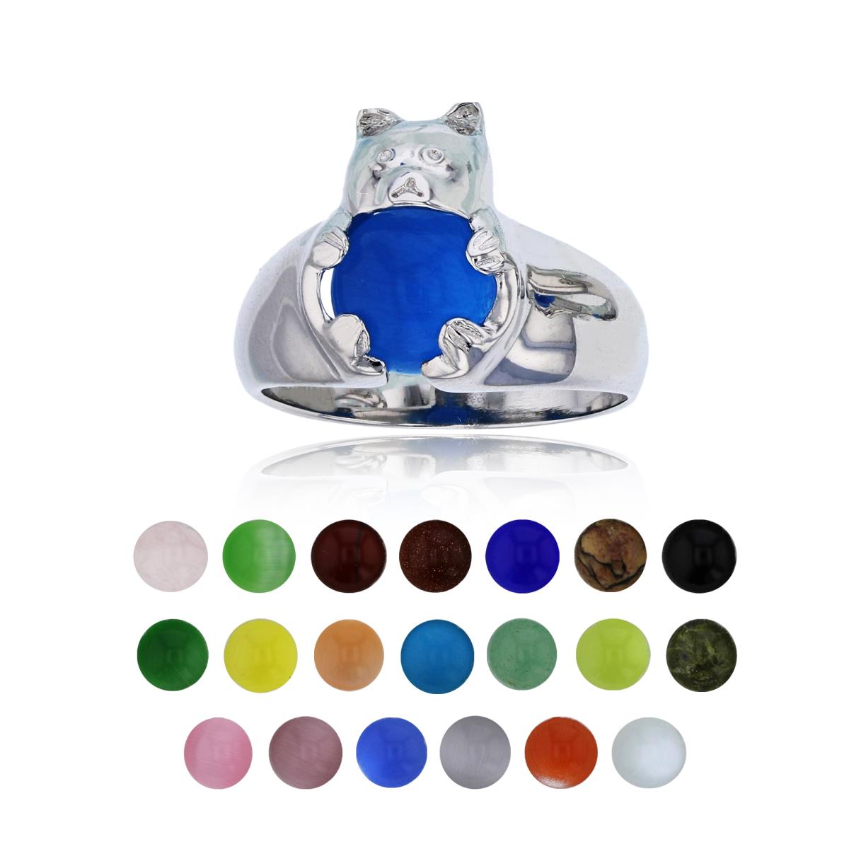 Sterling Silver Rhodium 21 Color Interchangeable Semi-Precious Gem Teddy Bear Fashion Ring