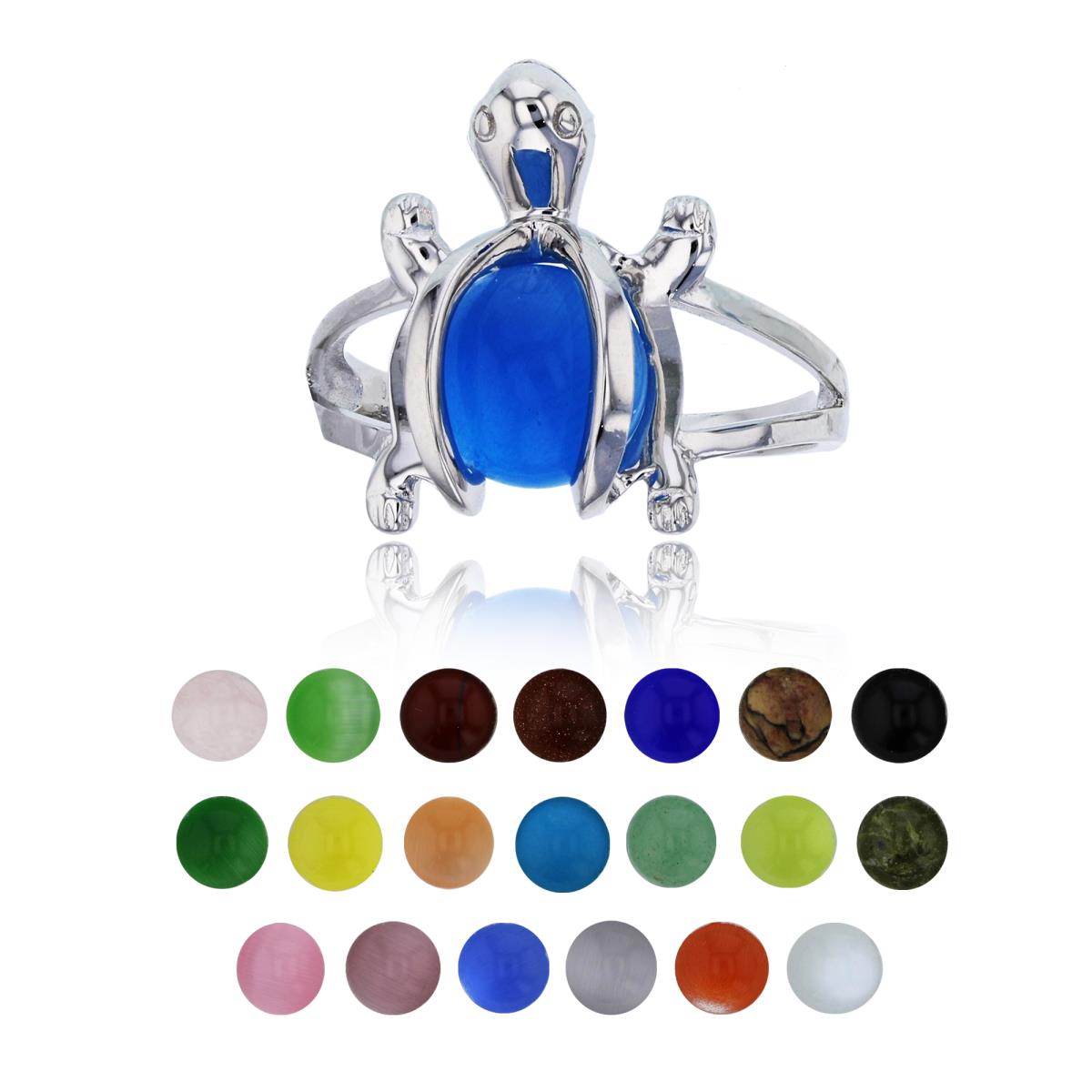 Sterling Silver Rhodium 21 Color Interchangeable Semi-Precious Gem Turtle Fashion Ring