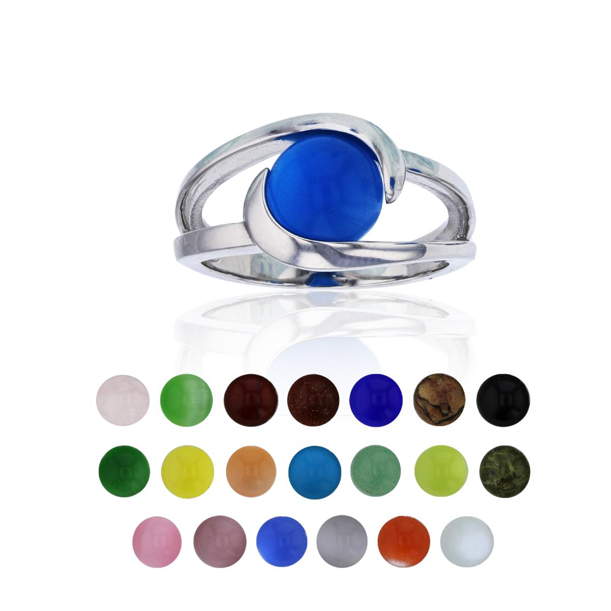 Sterling Silver Rhodium 21 Color Interchangeable Semi-Precious Gem Split Shank Swirl Fashion Ring