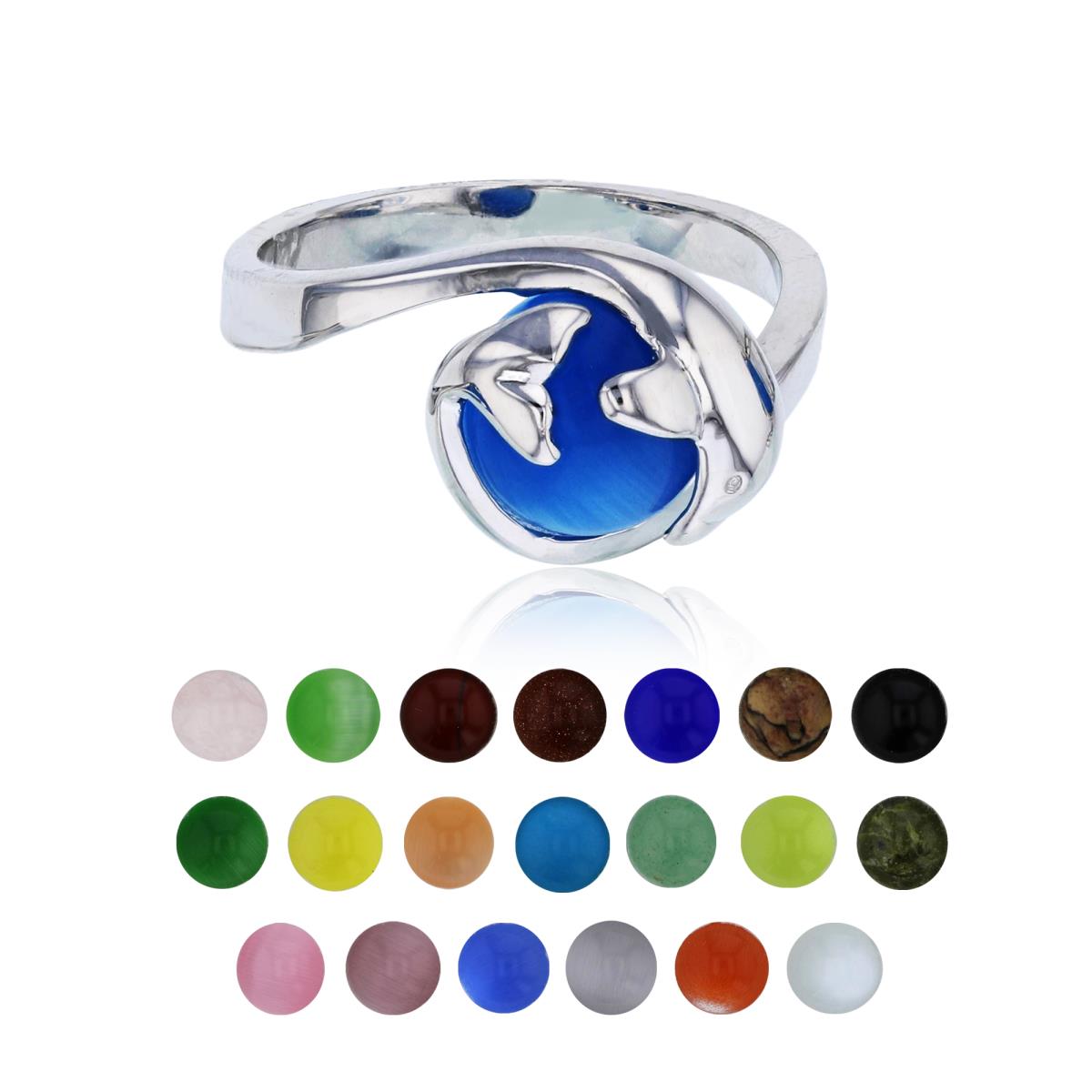 Sterling Silver Rhodium 21 Color Interchangeable Semi-Precious Gem Dolphin Fashion Ring