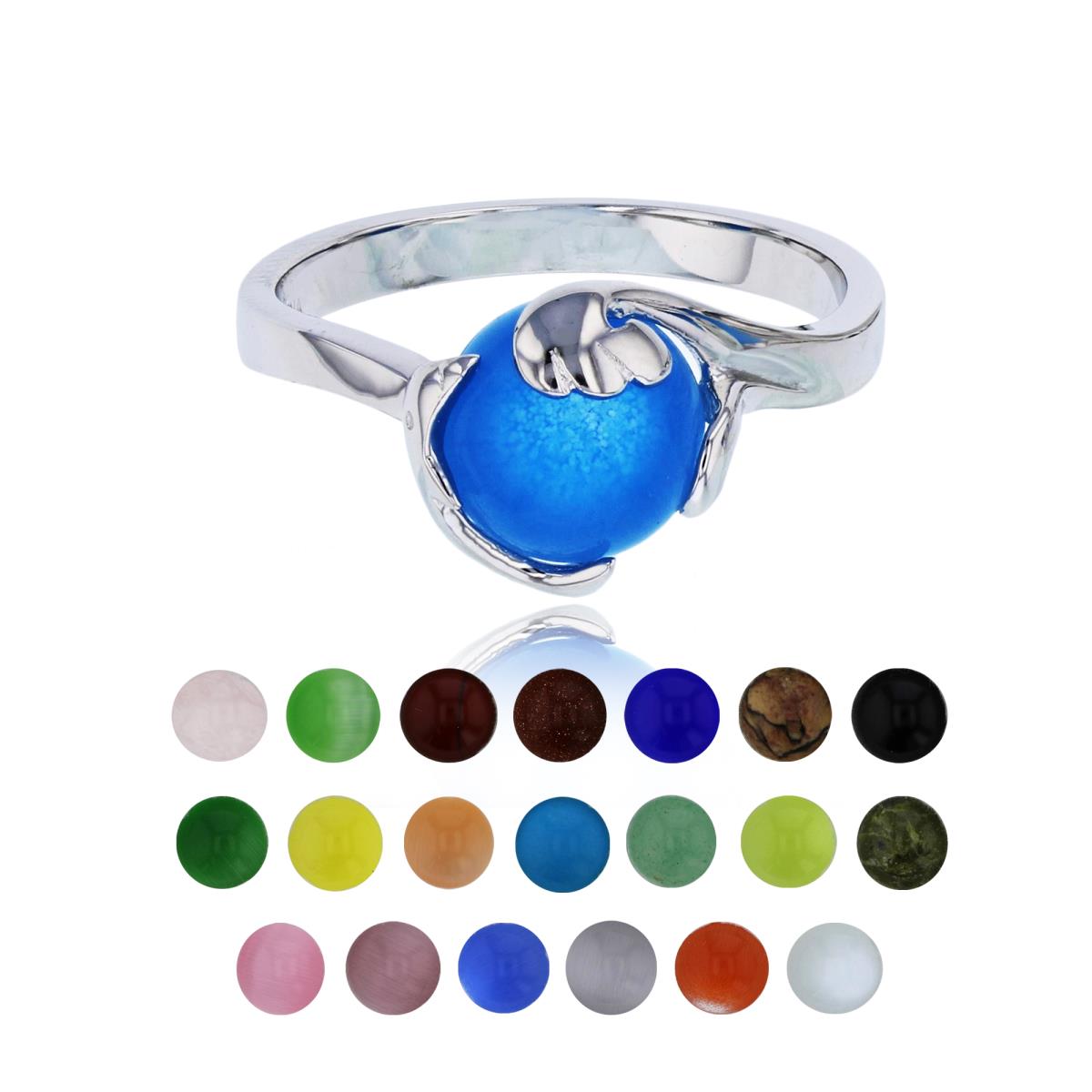 Sterling Silver Rhodium 21 Color Interchangeable Semi-Precious Gem Dolphin & Waves Fashion Ring