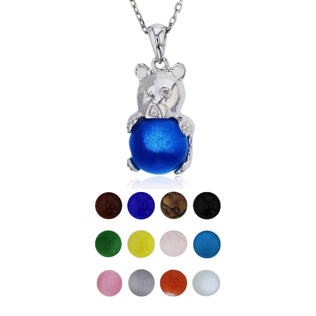 Sterling Silver Rhodium 12 Color Interchangeable Semi-Precious Gem Teddy Bear 13"+2" Necklace